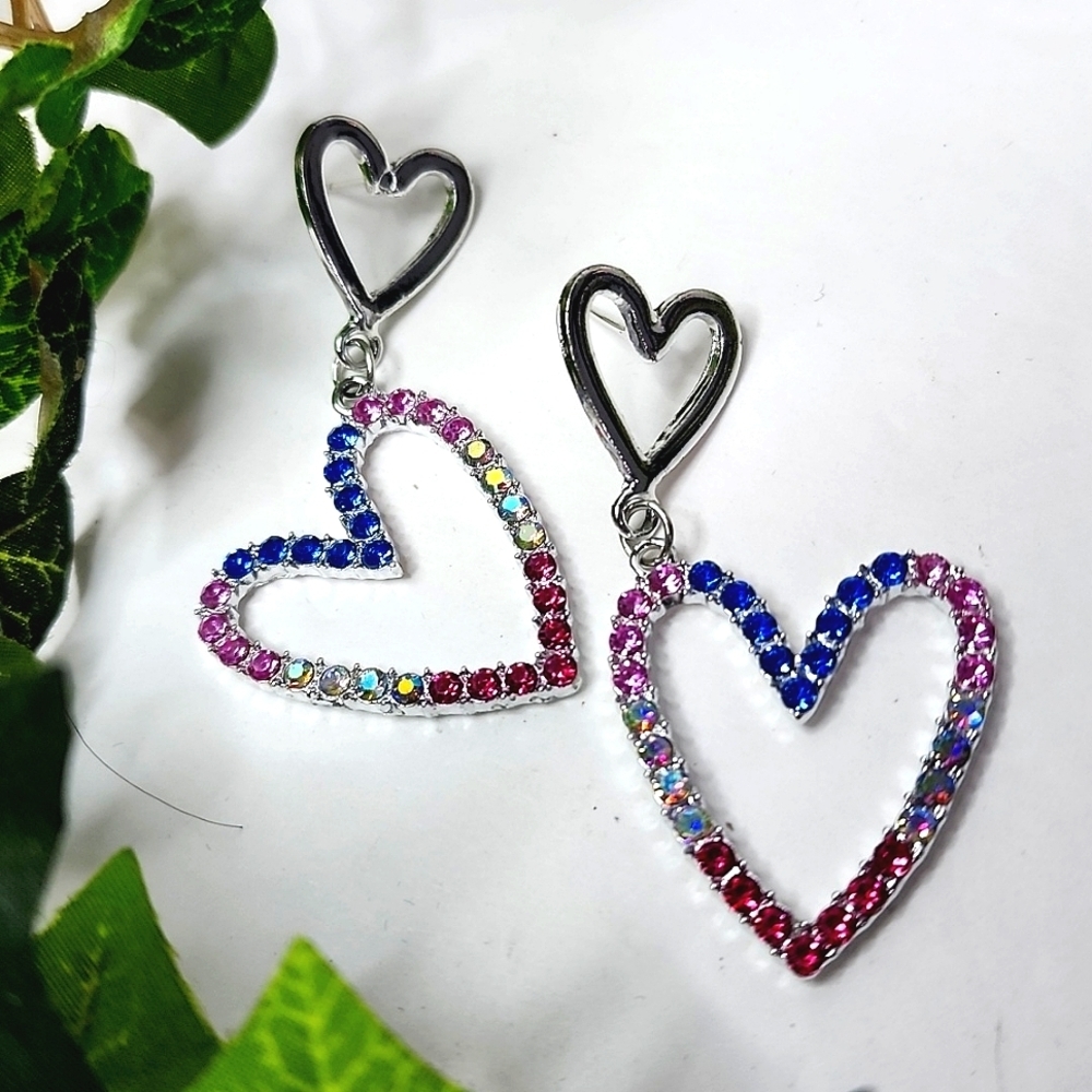 Silver Heart Drop Earrings with Multi color Crystals